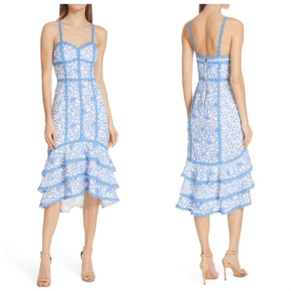 Alice + Olivia diane sweetheart lace midi blue white 10